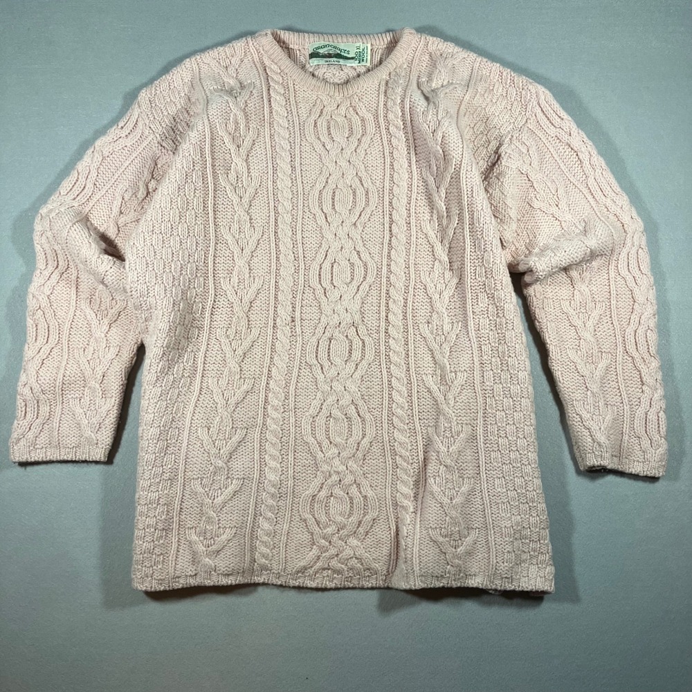 Vtg Aran Crafts Pink Merino Wool Boho Cable Knit Fisherman Sweater XL Ireland
